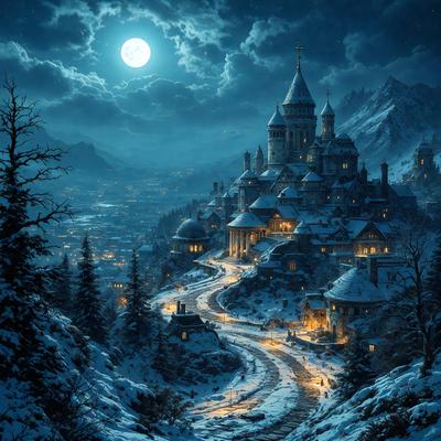 Primary subject: A medieval castle with a moon in the sky.

Setting/background: The castle is set in a snowy landscape, with a mountain in the background.

Visual style: The image is a digital art illustration.

Colors and mood: The scene is predominantly blue and white, with a touch of red from the castle's roof. The overall atmosphere is serene and magical, as the moon illuminates the snowy landscape.
